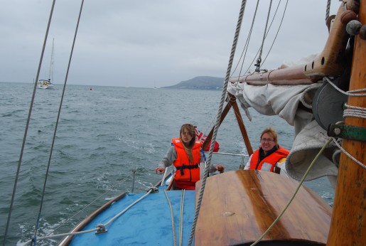 Meryl on the helm in Conwy Bay